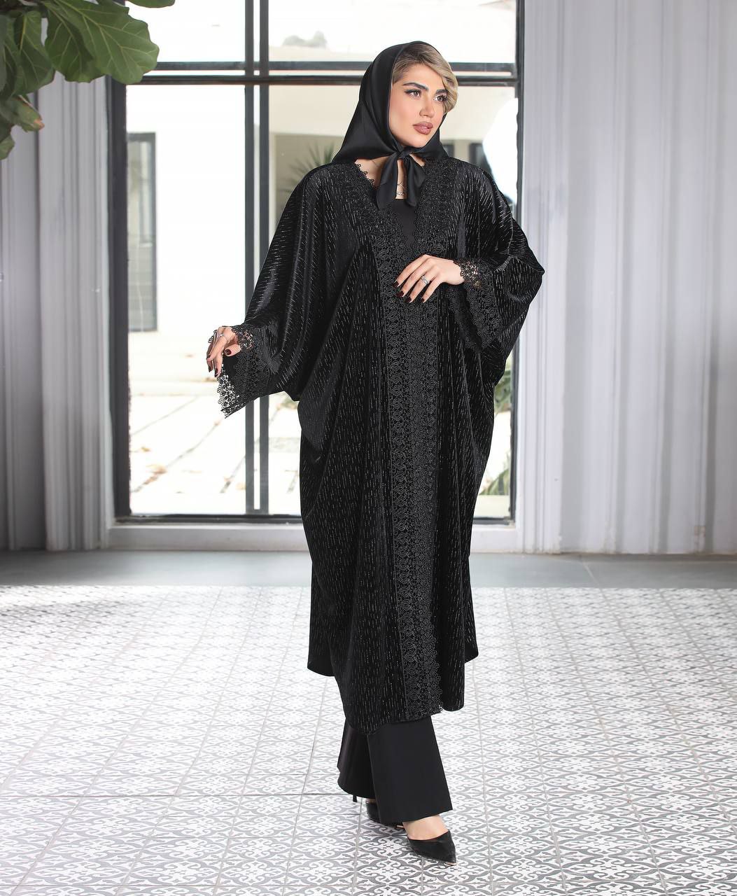 مانتو عبایی زنانه مخمل راه راه مجلسی